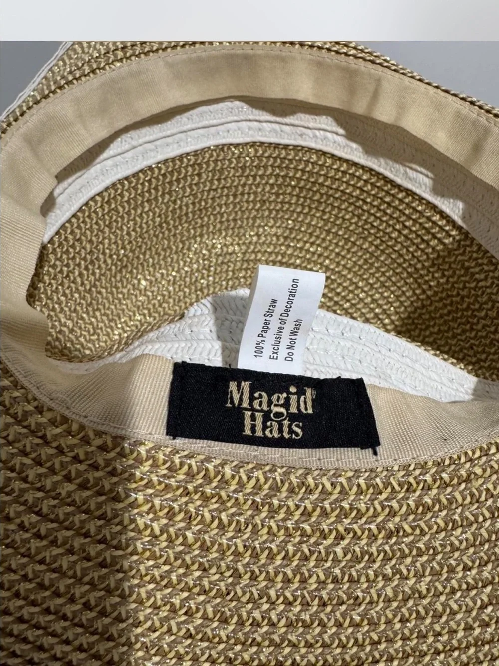 Magid Wide-Brim Straw Sun Hat in Natural Beige with Metallic Trim